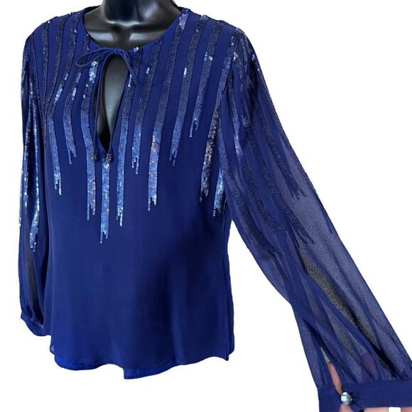 Frederika May Royal Blue Sequined Silk Long Sleeve Blouse - Picture 4 of 11